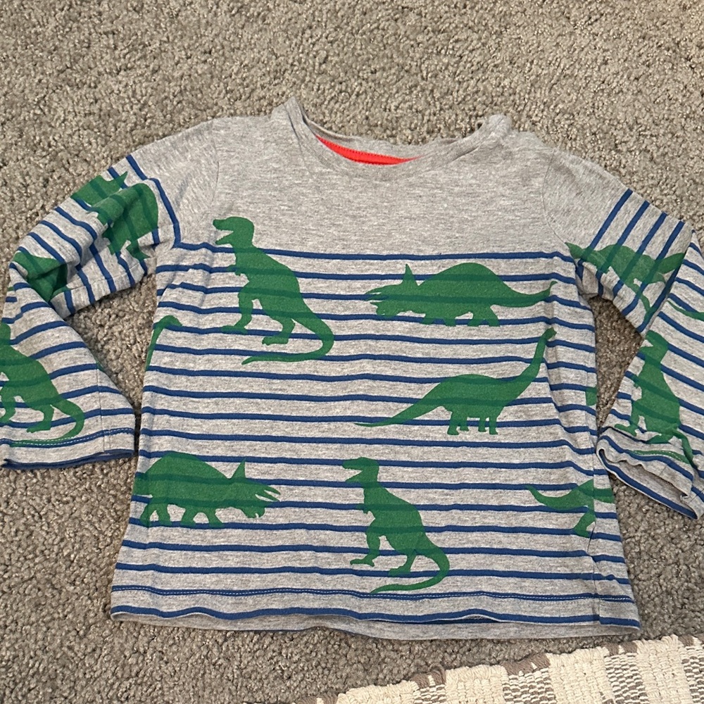 Boden Gray and Blue Striped Dinosaur Long Sleeve Tee